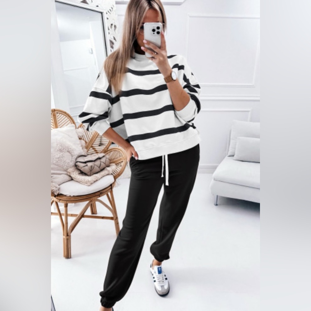 Black Stripe Drop Shoulder Pullover and Jogger Pants Set womenswear luxury